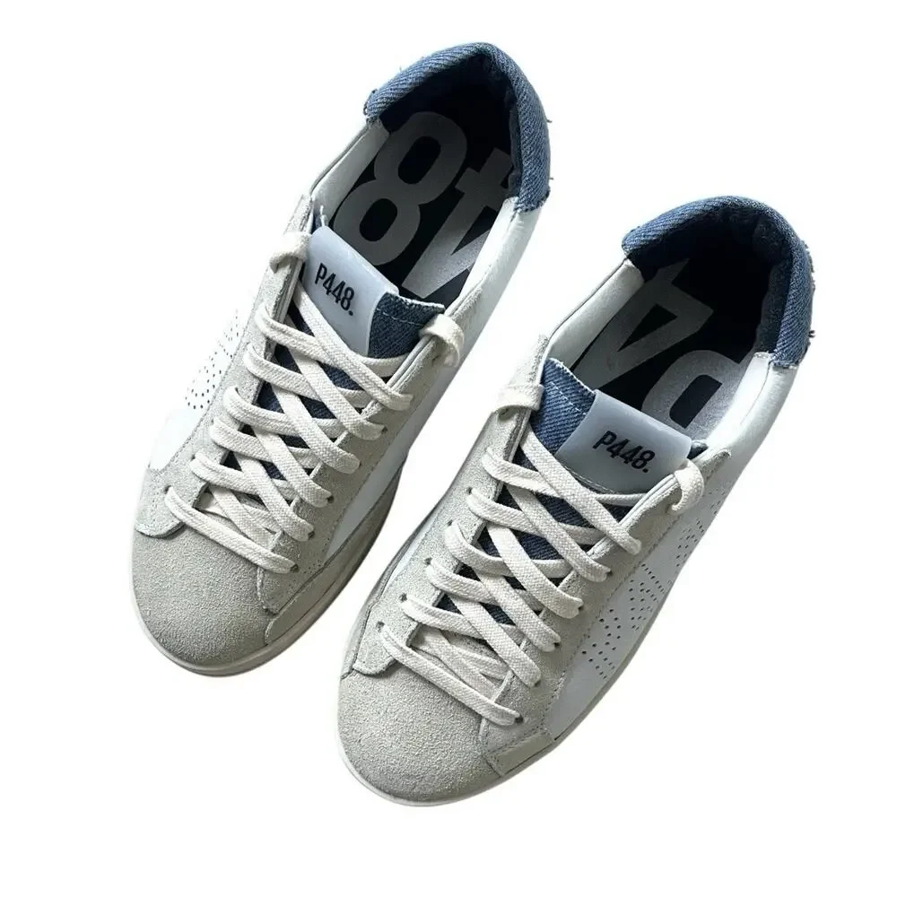 P448 John Denim Lace up Low Top Sneakers Women's White/Blue Round Toe Sz 38